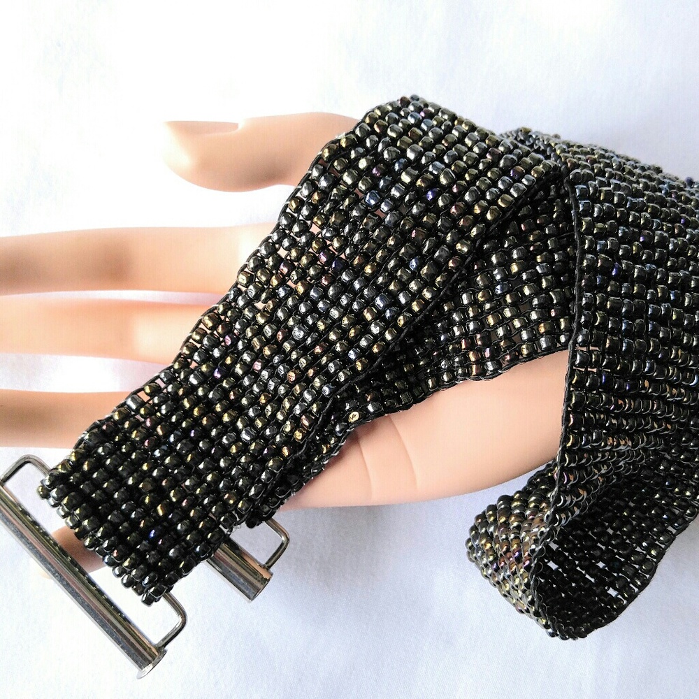 VINTAGE Black Pearl Glass Beads Stretch Belt-Wow!